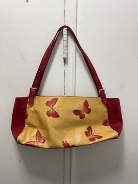 Claudia Firenze Italian Yellow & Red Butterfly Leather East West Shoulder Bag